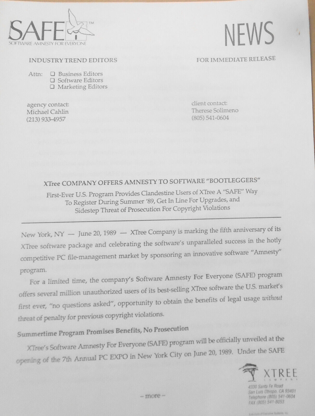 1989 Software Amnesty For Everyone (SAFE). XTree Company program for Bootleggers