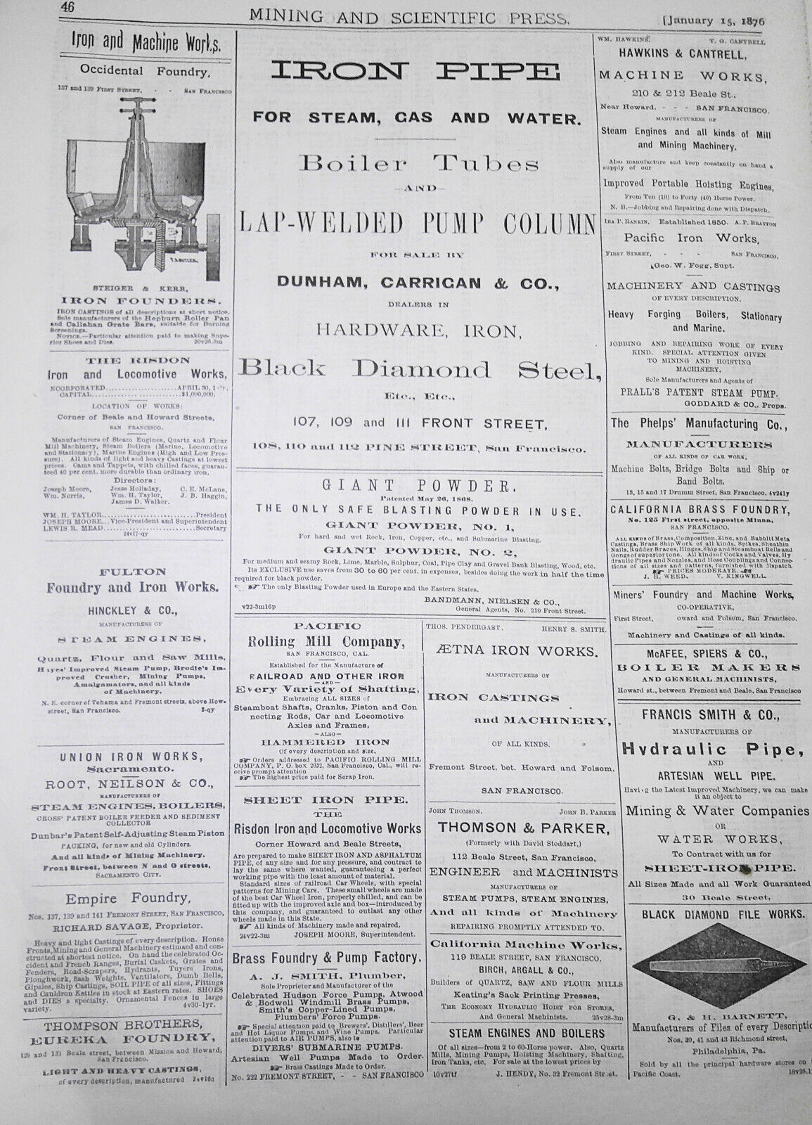 Mining and Scientific Press January 15, 1876. Yellowstone Lake; Colorado Bullion