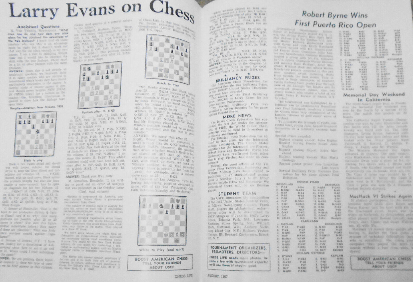 Chess Life, August 1967 -  "Let's Lay Off Bobby Fischer" etc