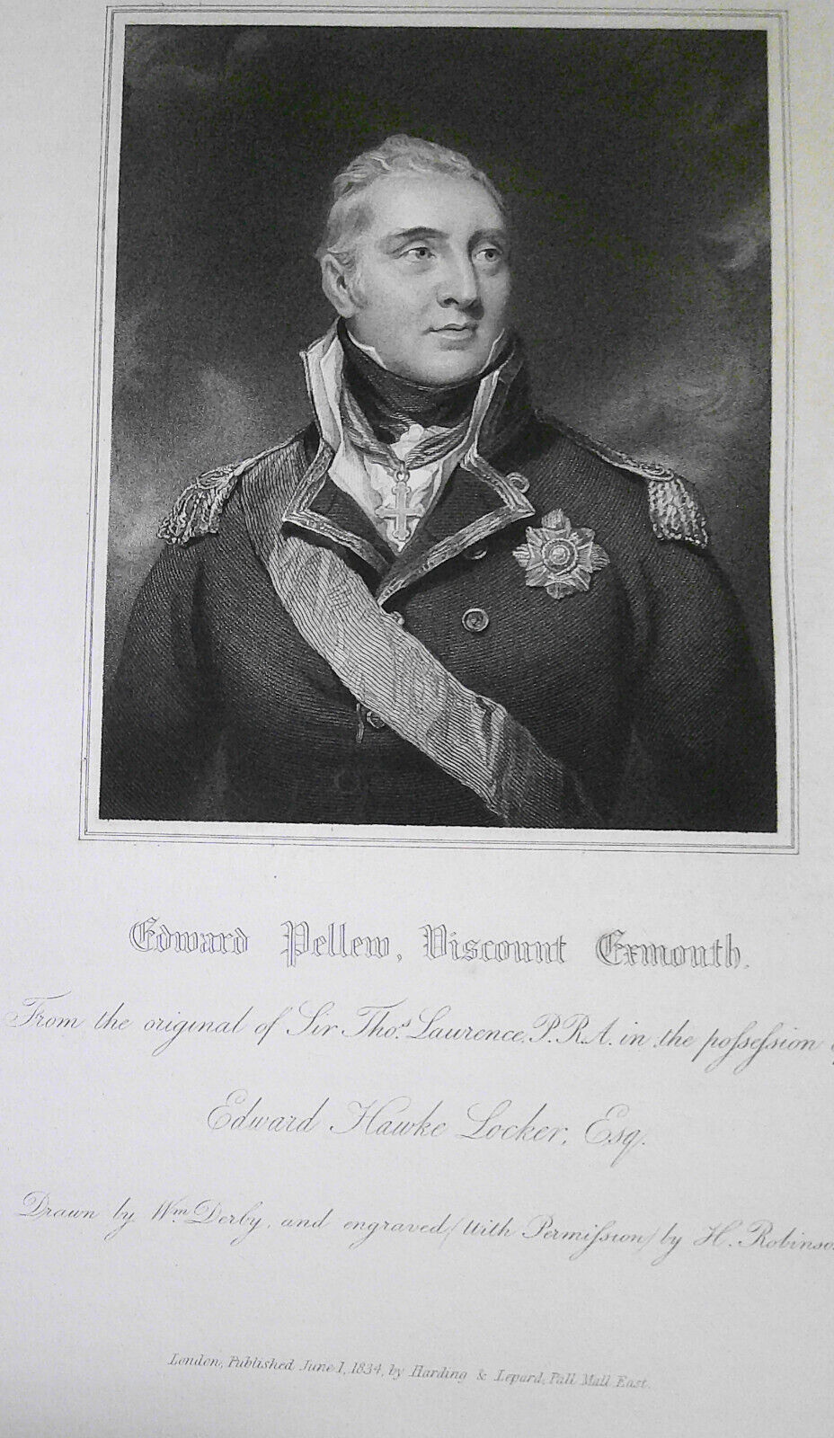 1834 Edward Pellew - original engraving from Lodge's Portraits. 17x11 inches