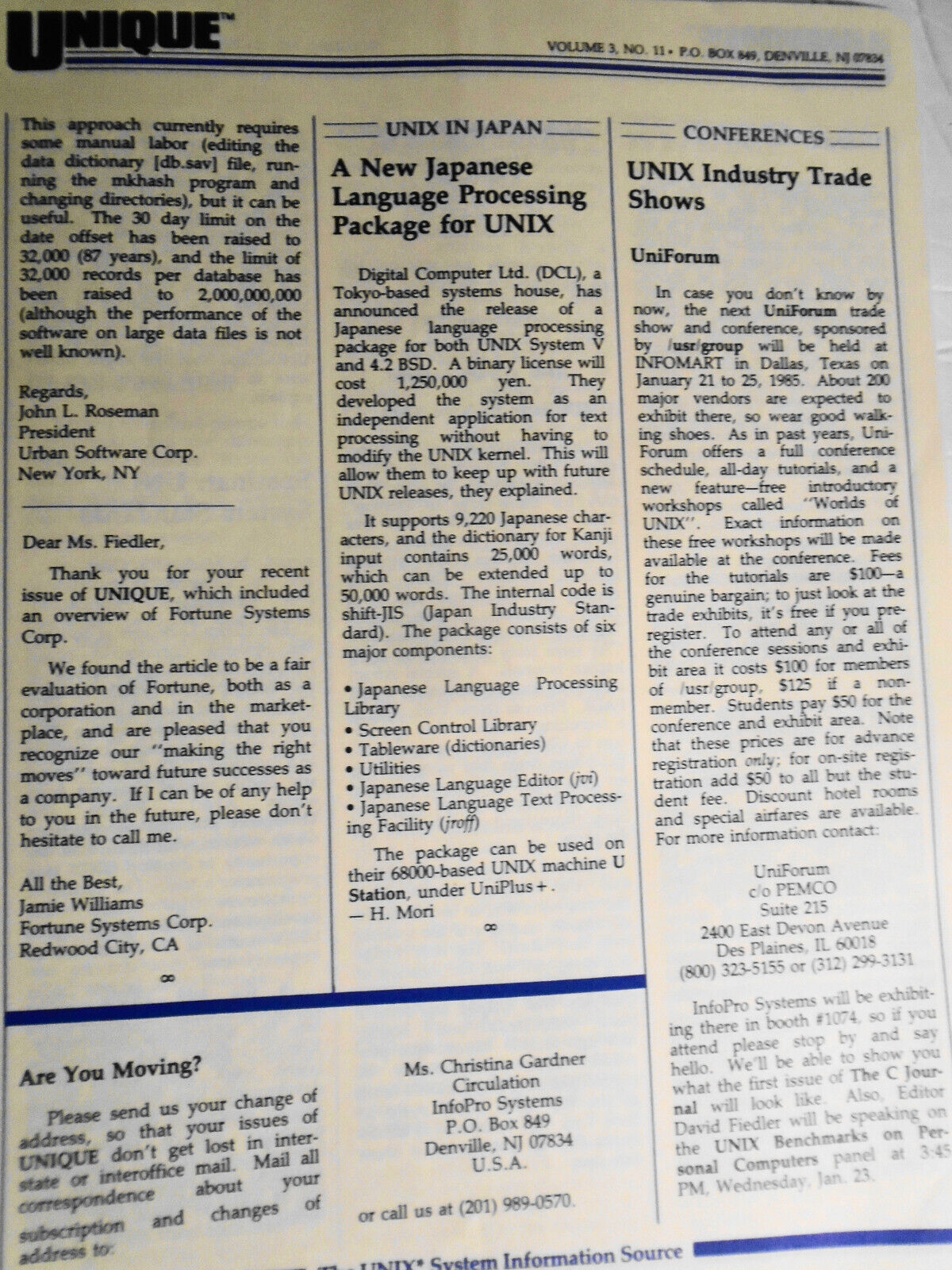 UNIQUE,  Vol. 3, No.  11, 1985 - The UNIX System Information Source