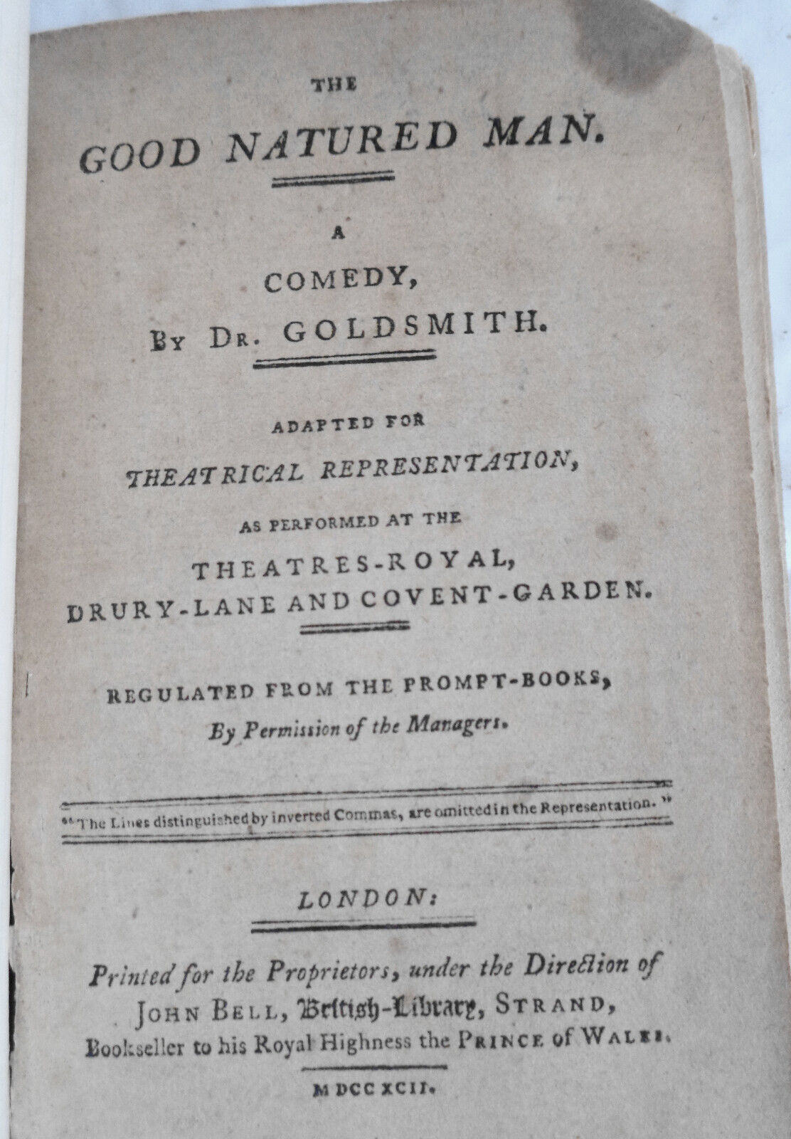 1792 The Good Natured Man. A Comedy, by Dr. [Oliver] Goldsmith.