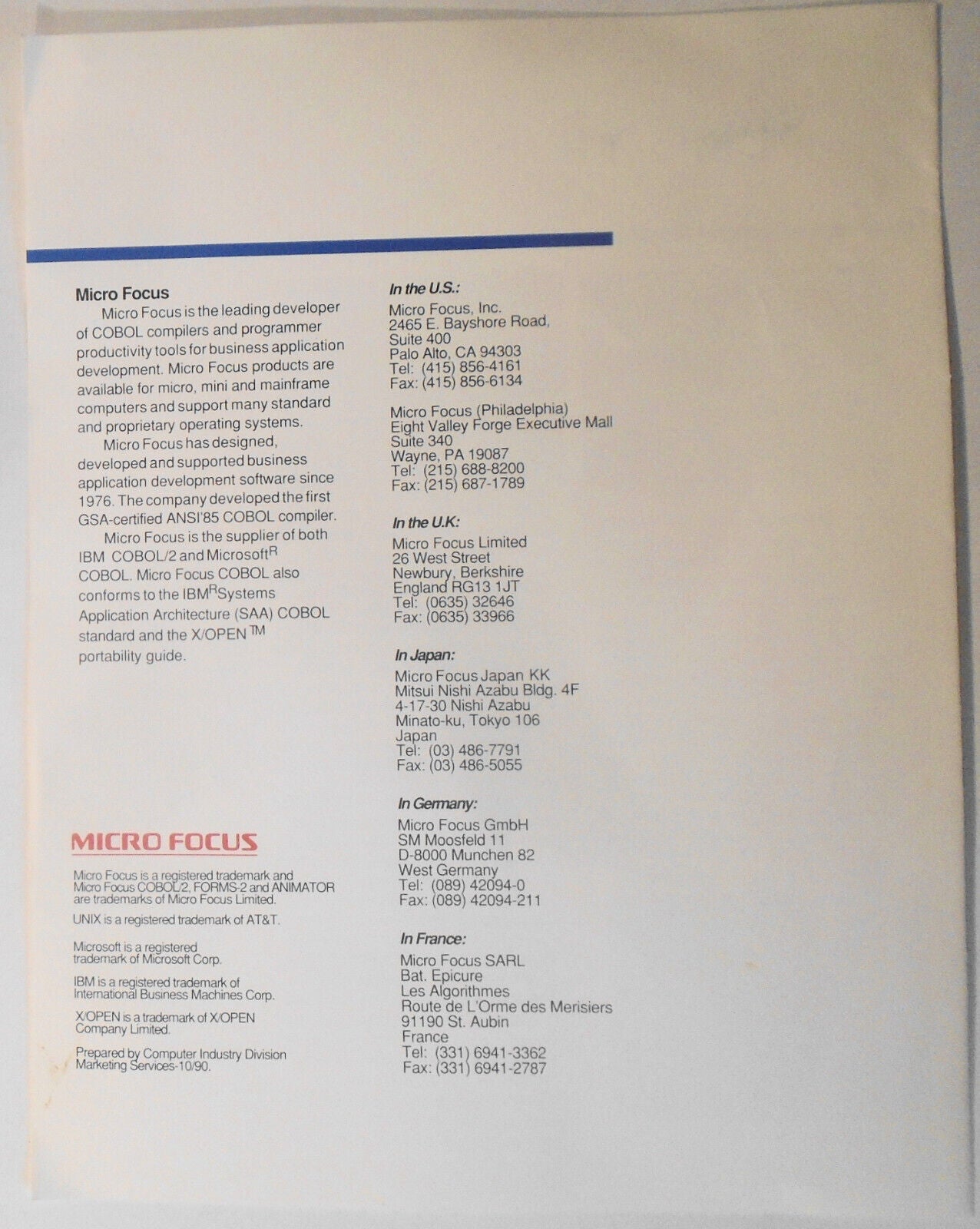 Micro Focus COBOL/2 Toolbox for UNIX developers - 2 Brochures, August 1990