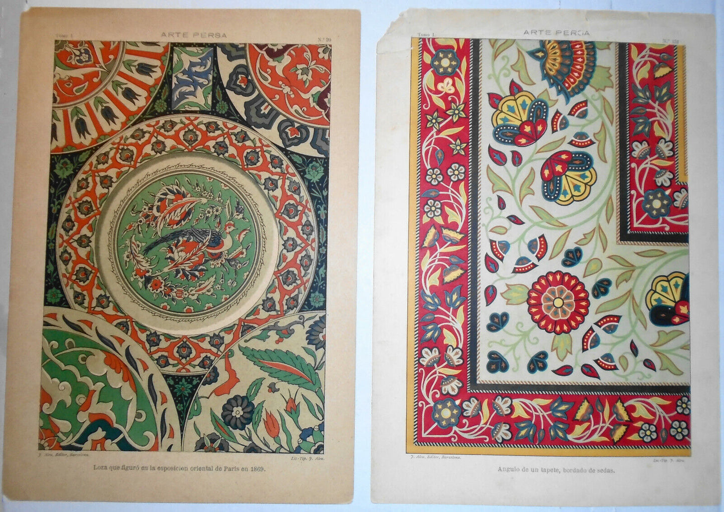 ARTE PERSA ornamentation - lot of 2 lithographs ca 1890 by J. Aleu, Barcelona.