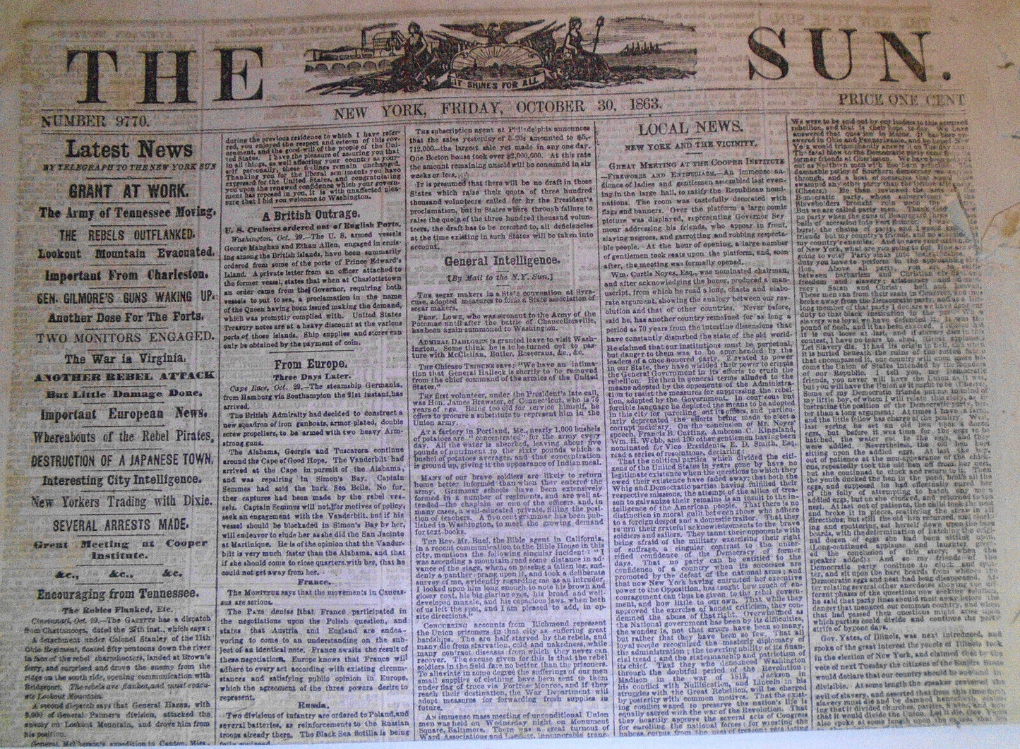 The New York Sun, October 30, 1863 - Civil War news from Tennessee, Virginia etc