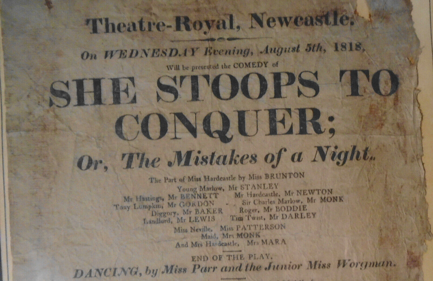 1818 She Stoops To Conquer & The Slave  - Broadside Playbill - Theatre Royal UK