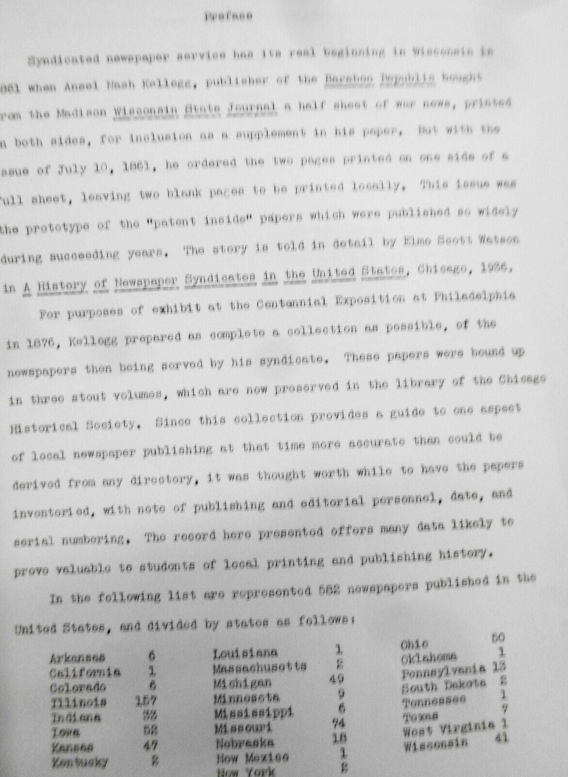 1939 WPA Check list of Kellogg collection of "Patent inside" newspapers of 1876