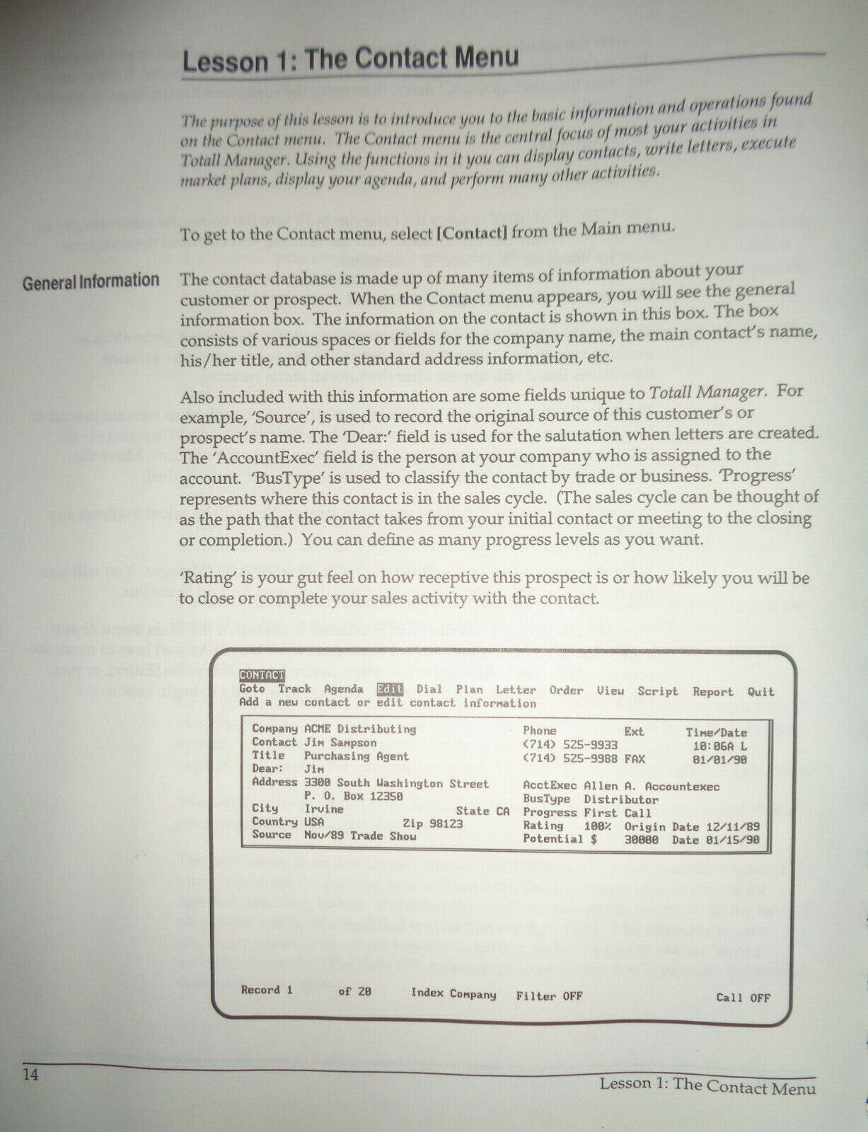 Totall Manager by Bartel Software - Contact management system for IBM PCs. 1990