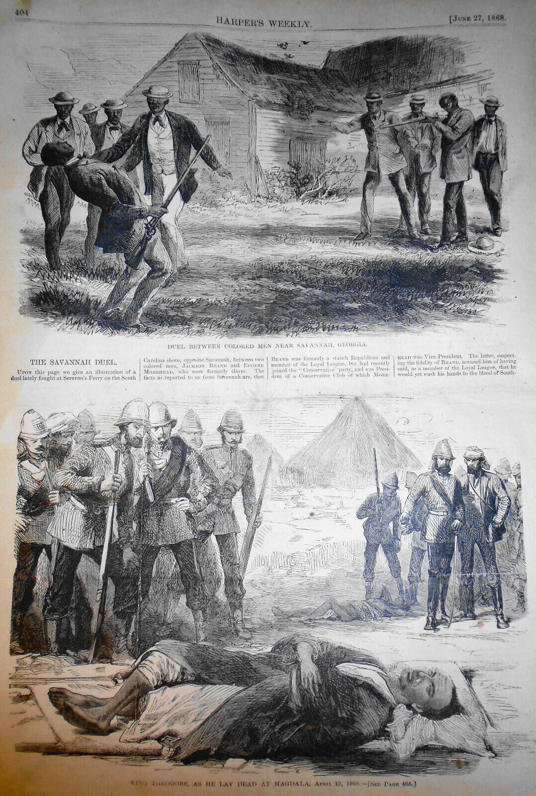 1868 Harper's Weekly: Duel Between Colored Men Near Savannah etc  Original Issue