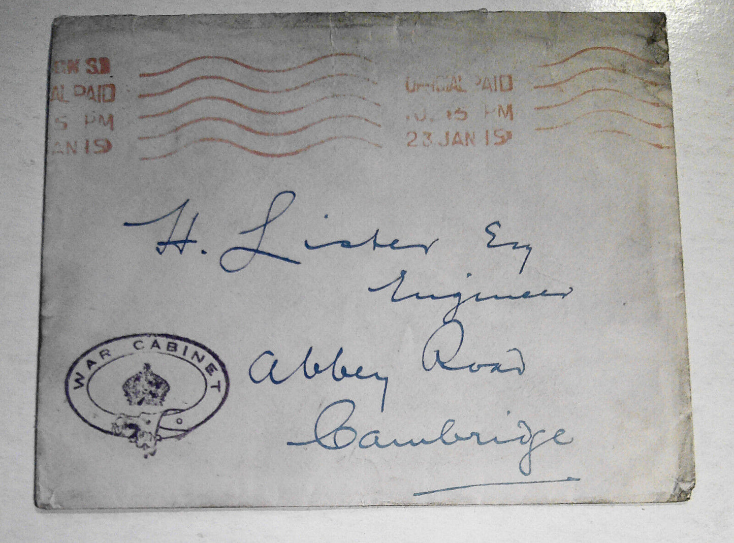 1919 UK War cabinet postal cover with embossed seal on verso