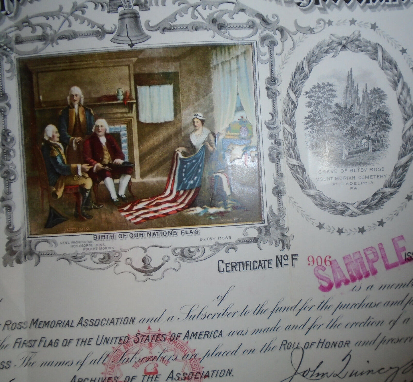 American Flag House & Betsy Ross Memorial Association 1899 - Sample Certificate
