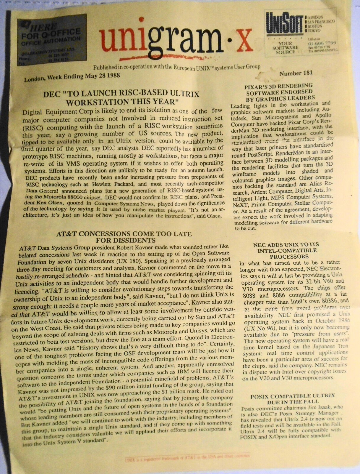 Unigram-X, #181 - May 28, 1988 - London weekly for UNIX manufacturers, et al