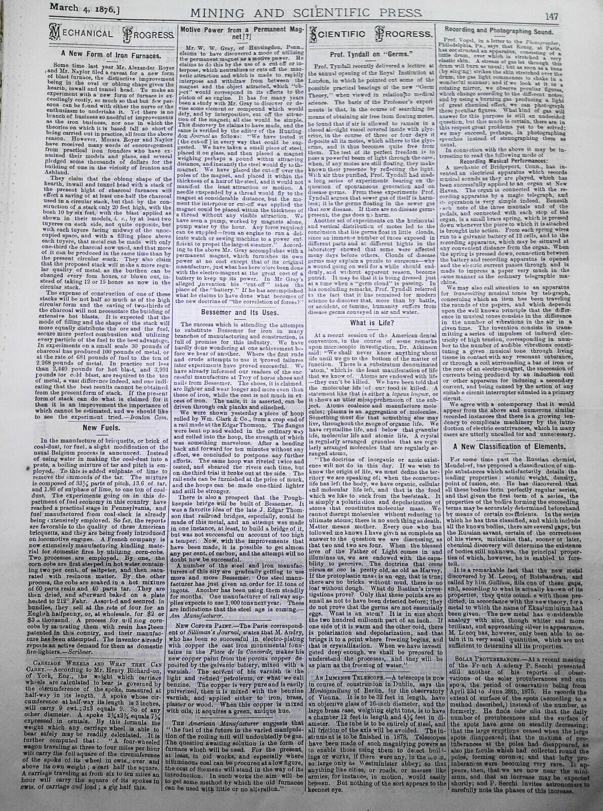 Mining and Scientific Press, March 4, 1876. Bonanza Mines; Bigelow Engine; etc