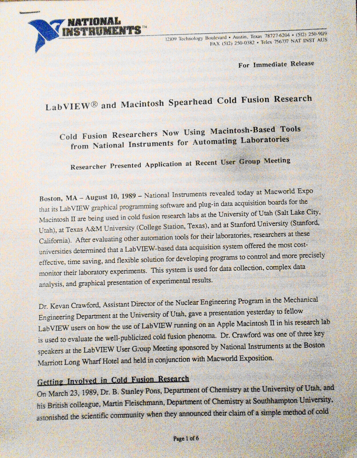 1989 Cold Fusion Resarch at University of Utah - 2 original Press releases