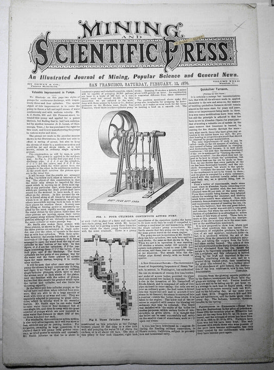 Mining and Scientific Press Feb 12, 1876. Edison's "New Force"; Mining Debris...