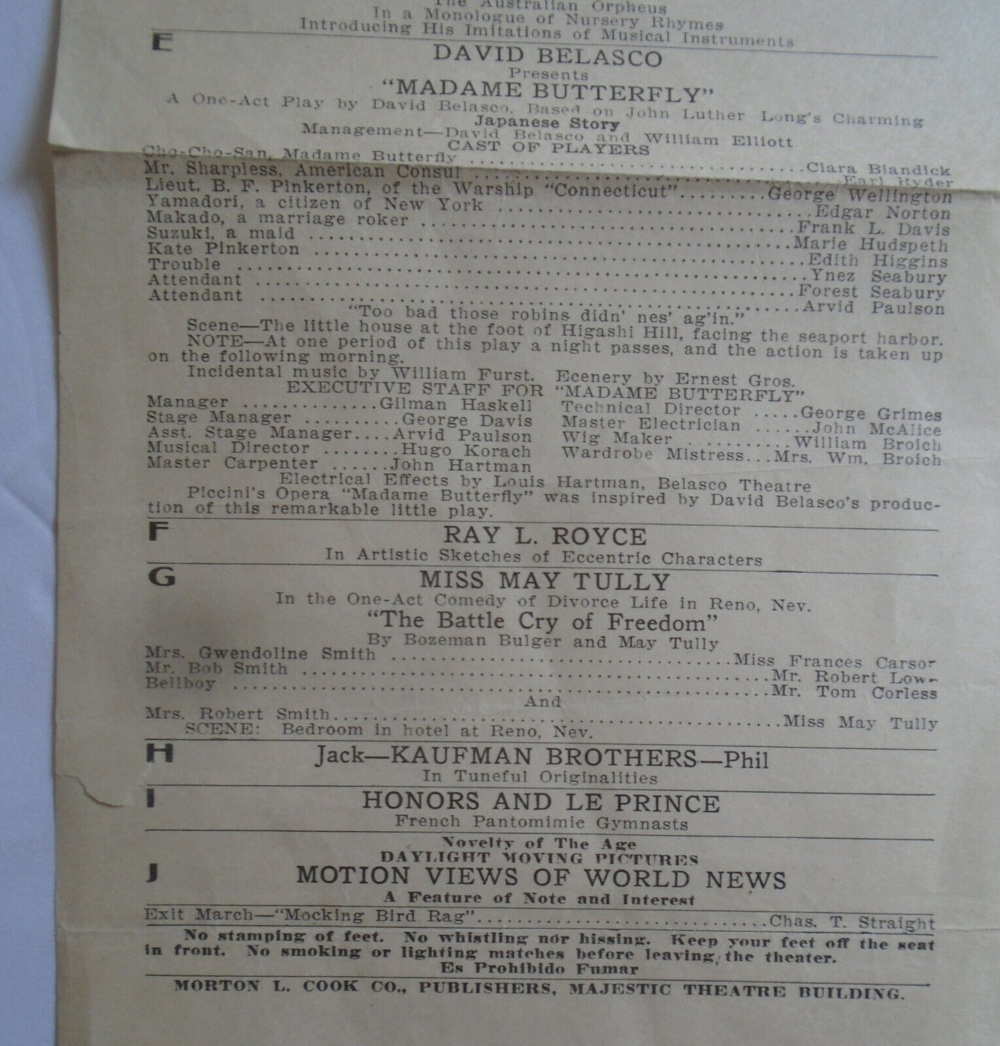 1913 Madame Butterfly - David Belasco Orpheum Theater Los Angeles Clara Blandick