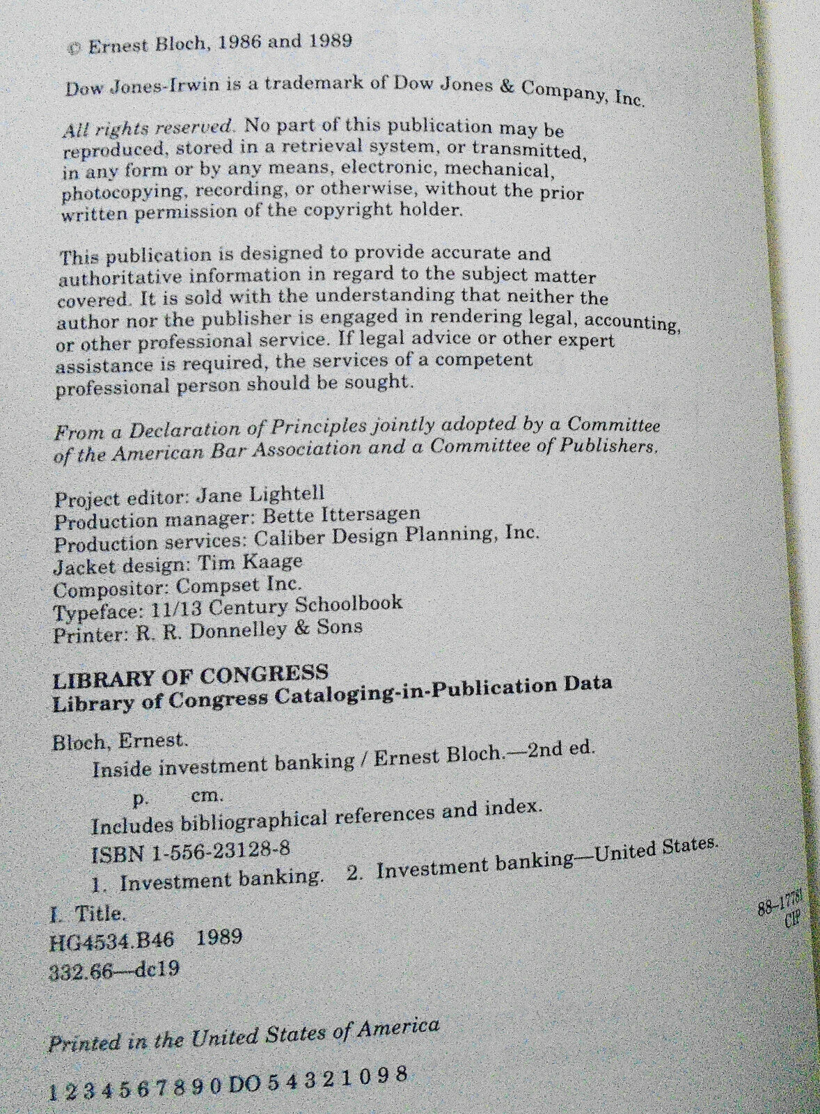 Inside Investment Banking, by Ernest Bloch. Second Edition, 1989. Hardcover Fine