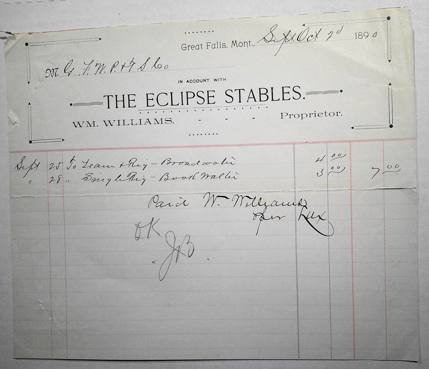 1890 Eclipse Stables of Great Falls, MT Billhead