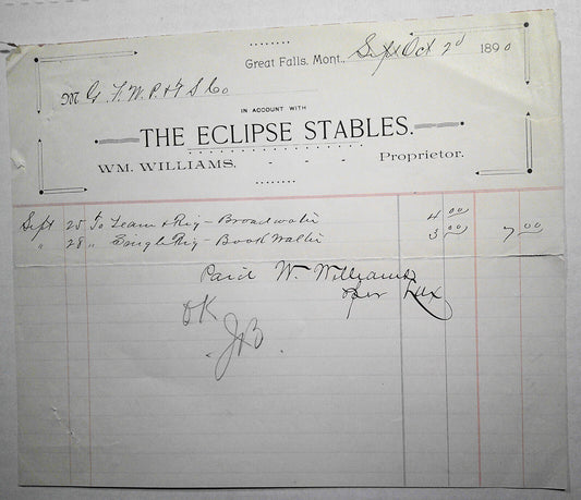 1890 Eclipse Stables of Great Falls, MT Billhead