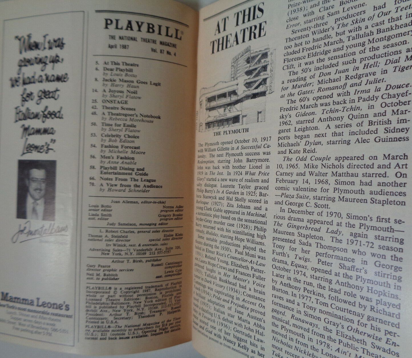 PYGMALION - PLAYBILL - OPENING NIGHT: APRIL 21, 1987. Peter O'toole, Amanda Plum