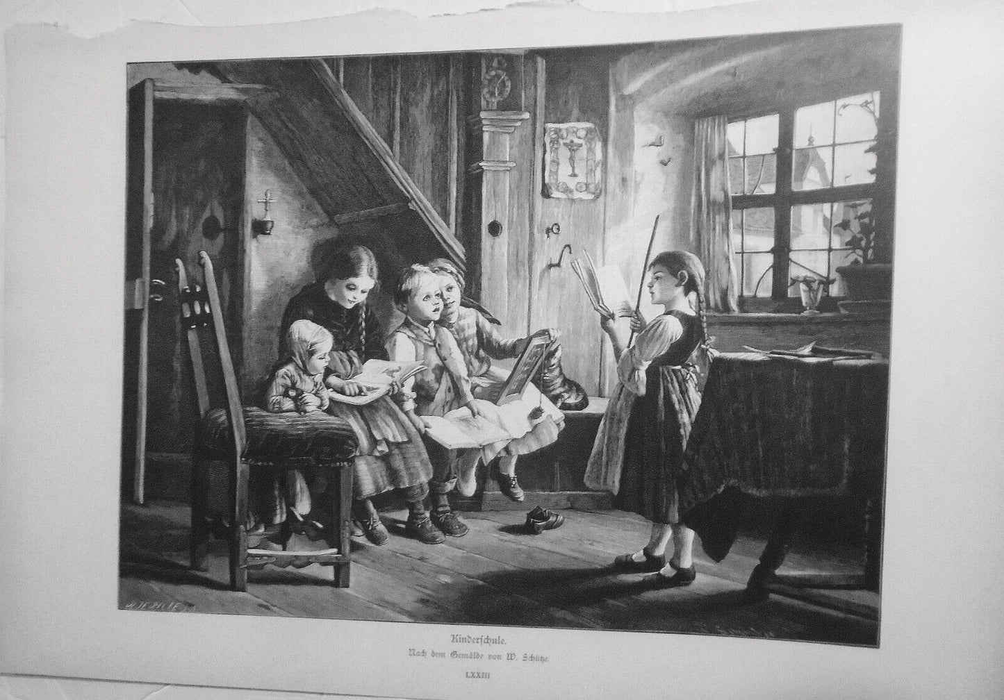 Kinderschule, von W. Schutze  --  1886  -  Original antique print