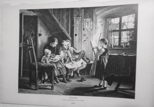 Kinderschule, von W. Schutze  --  1886  -  Original antique print