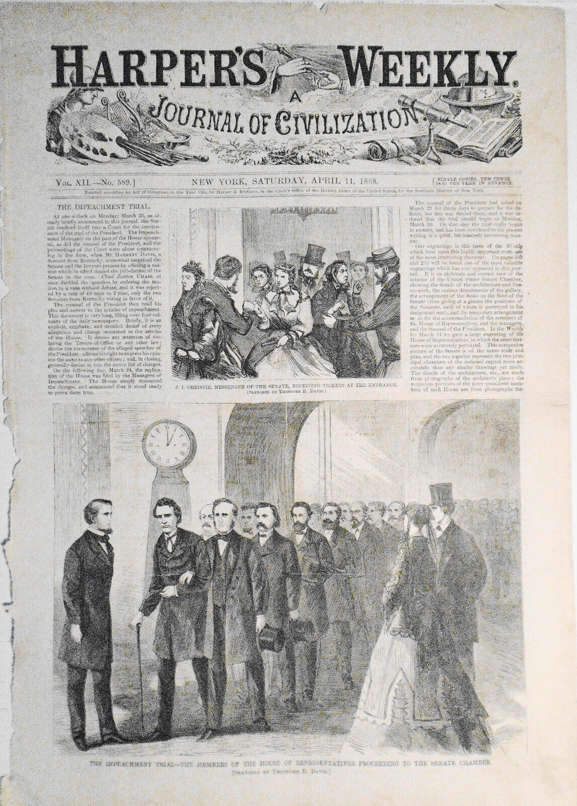 "The Impeachment Trial" -- Harper's Weekly - April 11, 1868. Story & 2 Prints