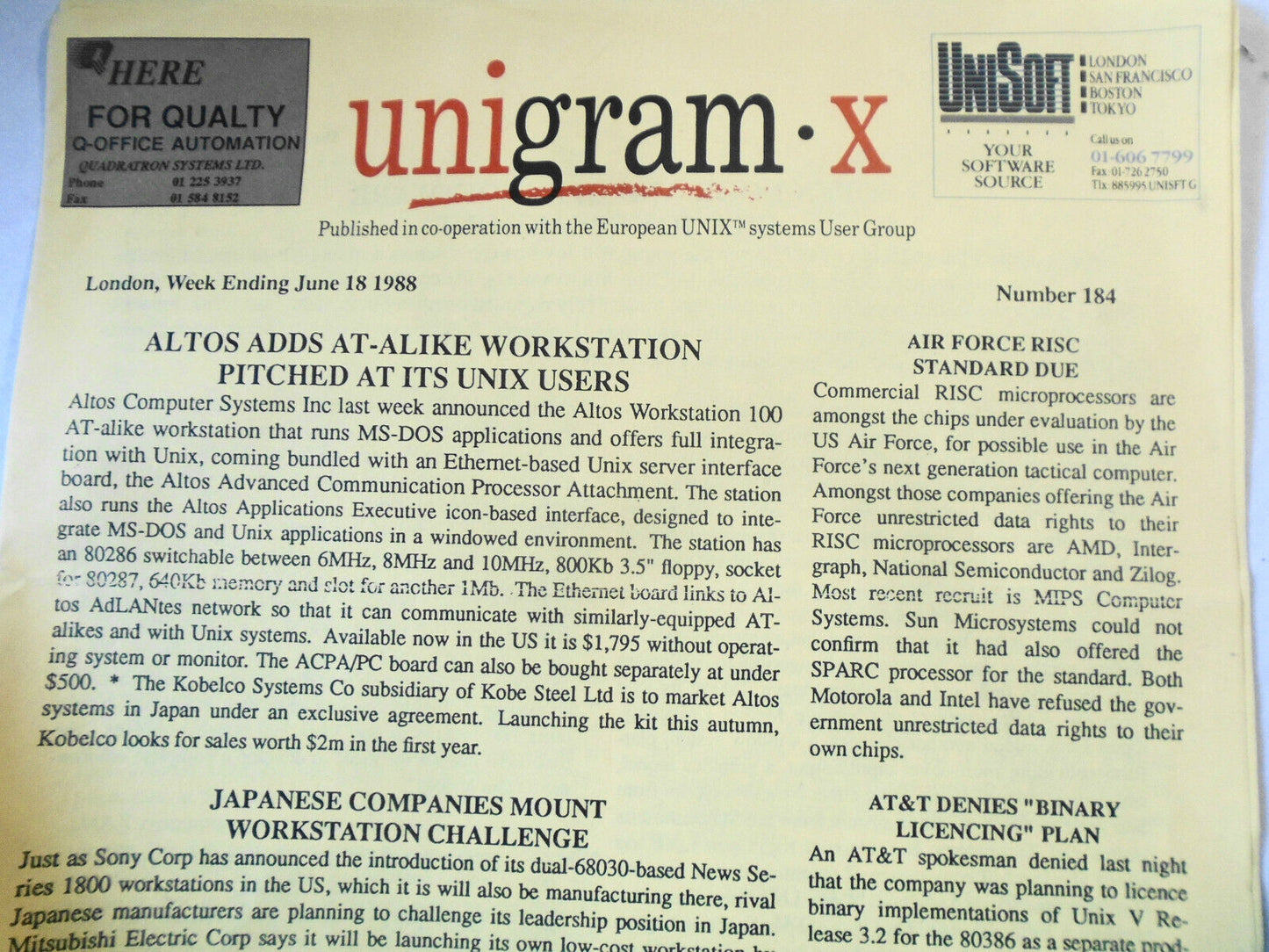 Unigram-X, #184 - June 1, 1988 - weekly  newsletter for UNIX community worldwide