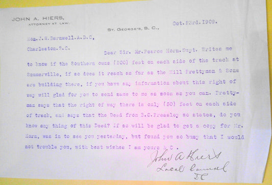 1909 Legal letter from John A. Hiers, Attorney, St. George's, South Carolina