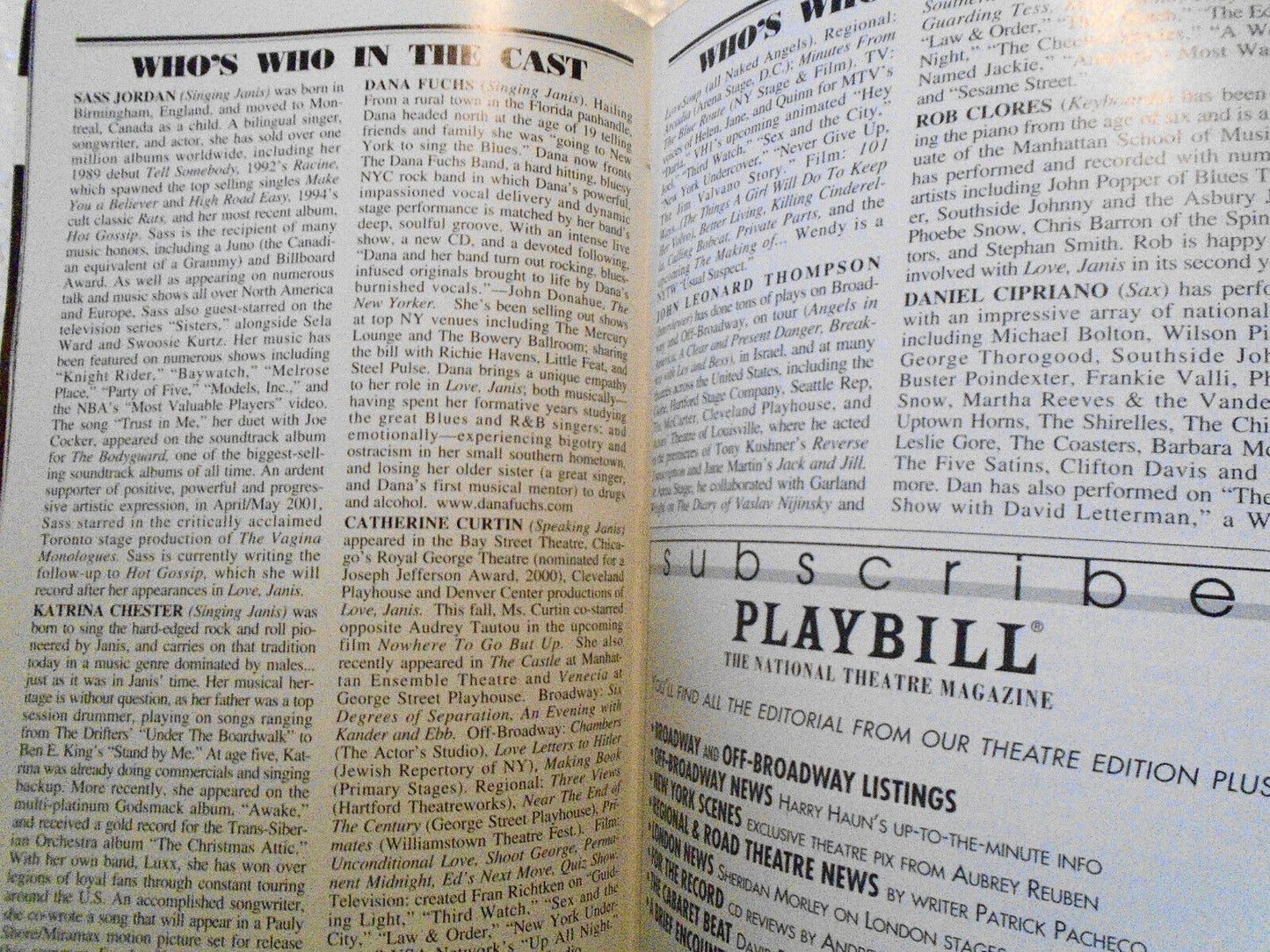 Love, Janis - Playbill - December 2002. Village Theater, NYC. Sass Jordan...
