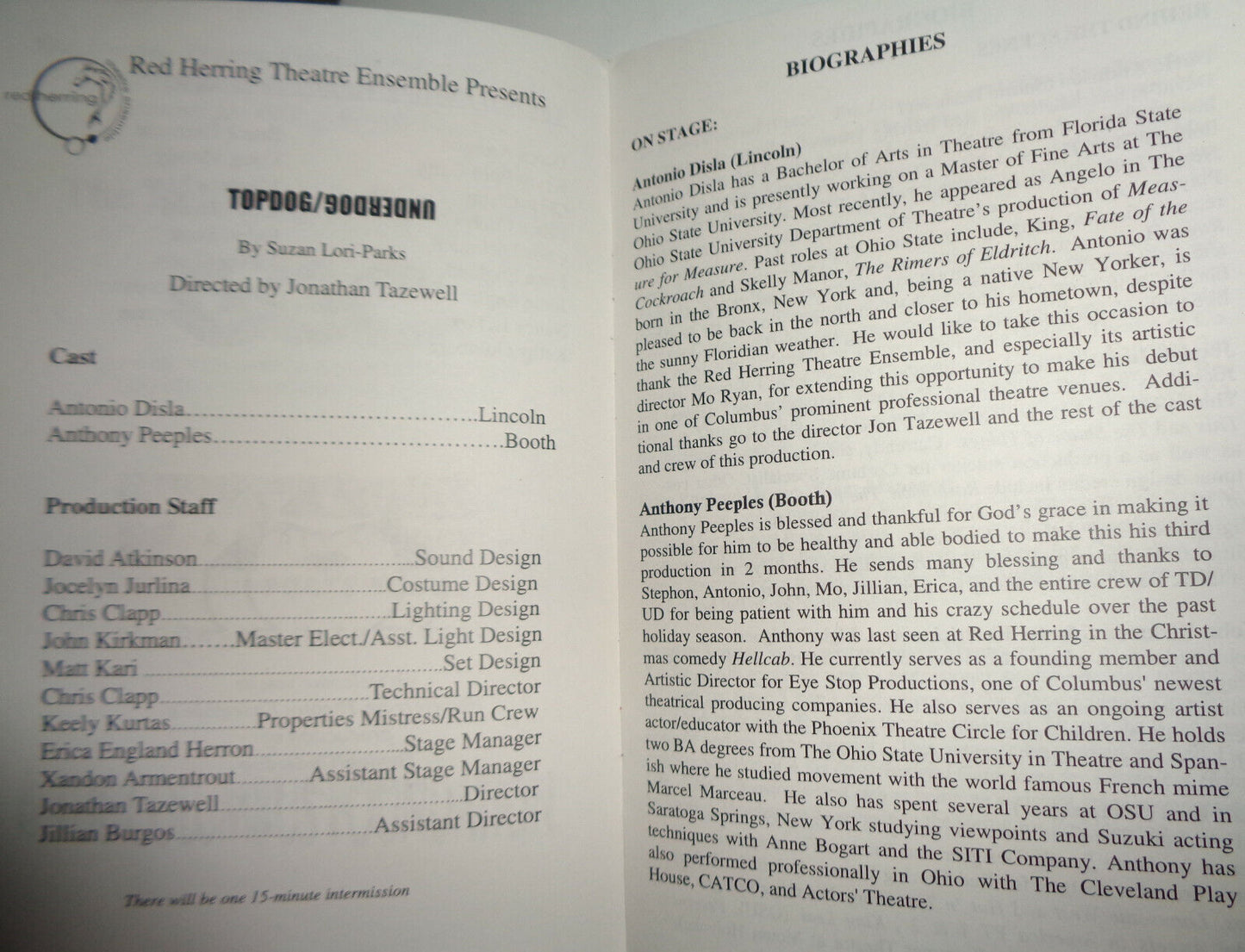 TOPDOG / UNDERDOG - PROGRAM - RED HERRING THEATRE ENSEMBLE, COLUMBUS, OH 2005