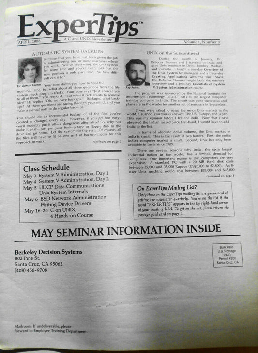 ExperTips, April 1988,  A C and UNIX Newsletter - Vol. 1, No. 3