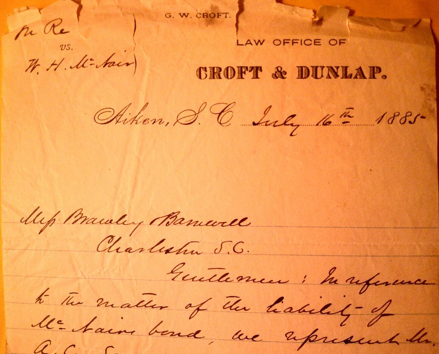 1885 Law Office of Croft & Dunlap, Aiken, South Carolina - Letter on Note paper