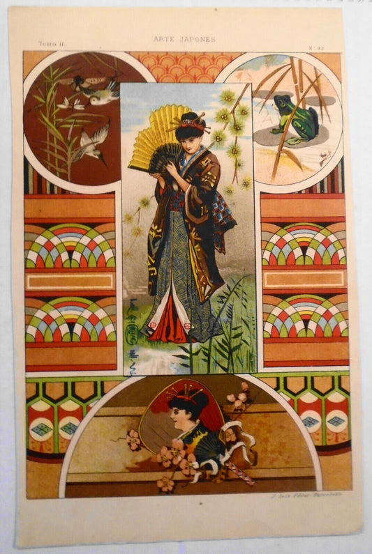 Arte Japones - original lithograph ca 1890, by  J. Seix, Barcelona - 11x8 inches