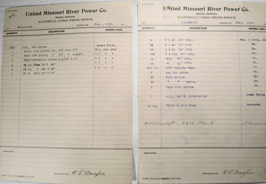 1919 United Missouri River Power Co., Helena MT - 2 monthly materials statements