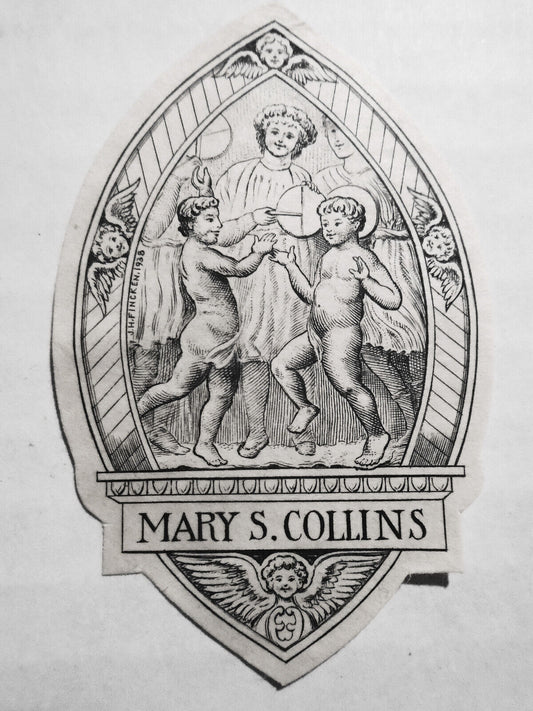Mary S. Collins Ex Libris Bookplate by J. H. Fincken, 1938 [oval shape]