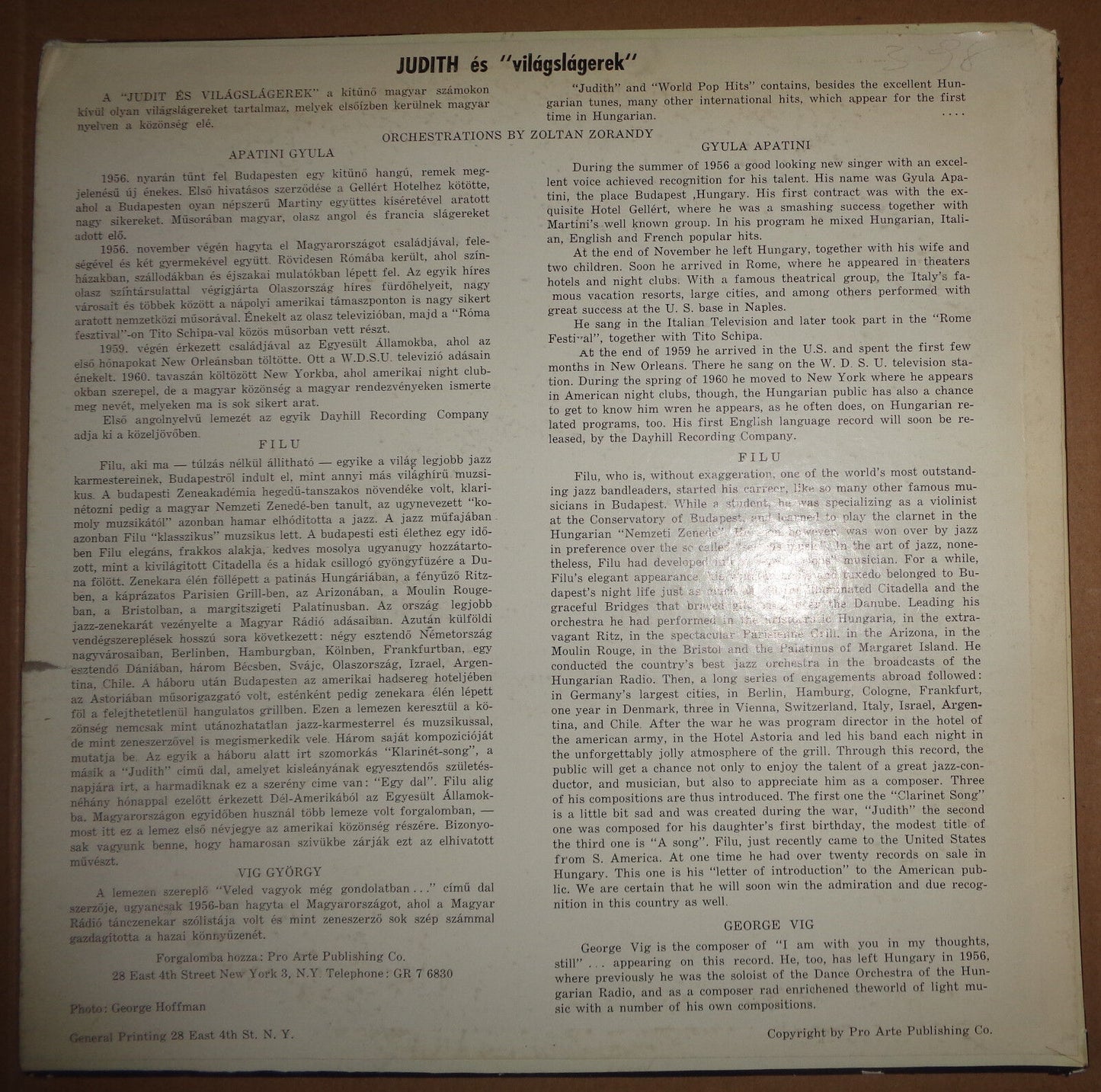JUDITH ES VILAGSLAGEREK - vinyl LP Gyula Apatini, Filu George Vig, Zolan Zorandy