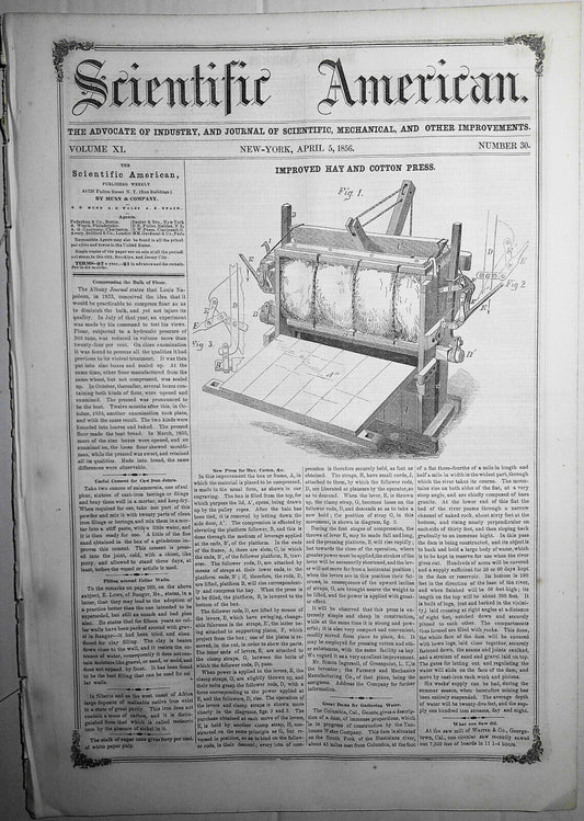 Scientific American, April 5, 1856. Improved hay and cotton press; fire engine