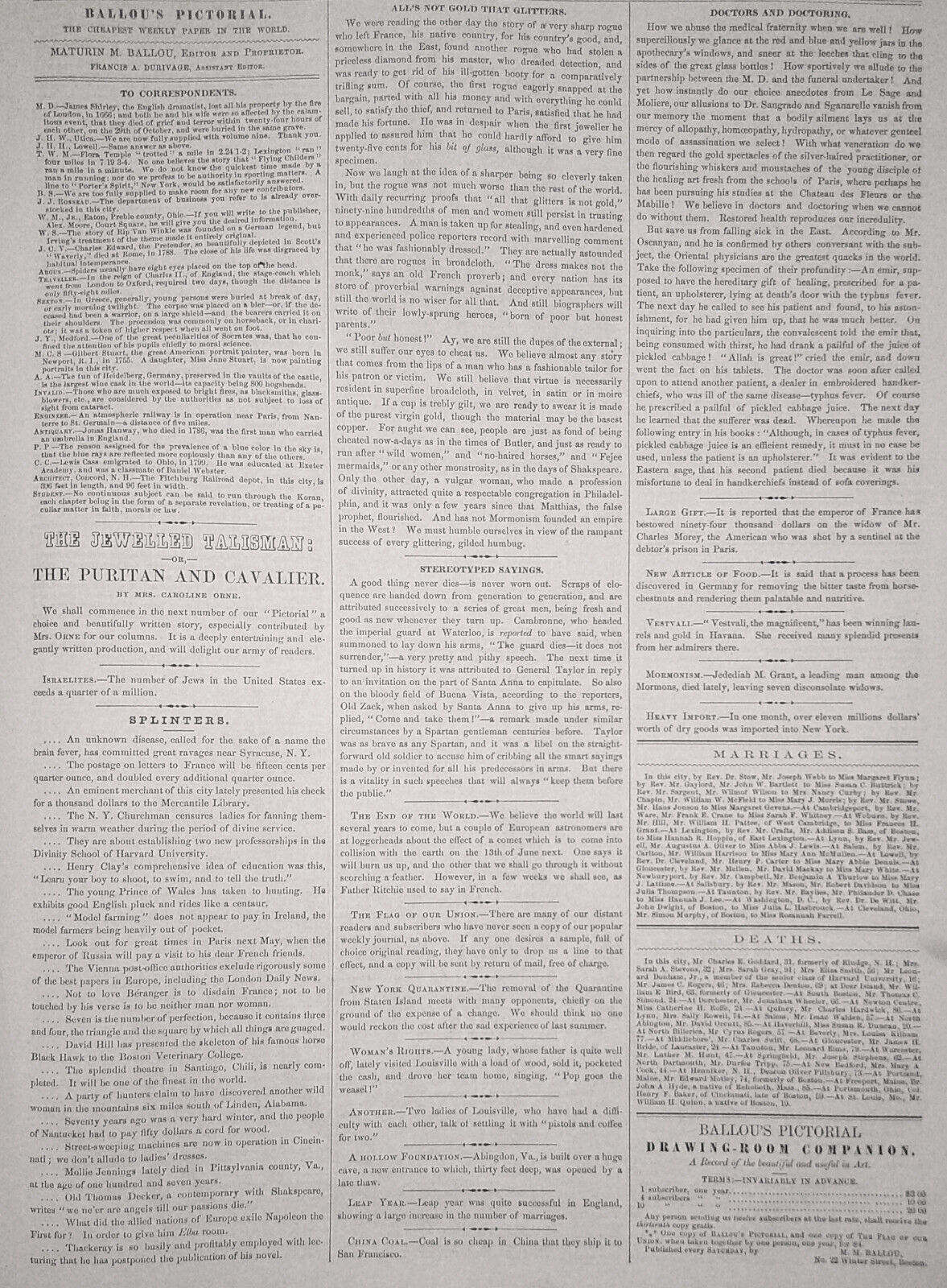 Ballou's Pictorial April 4, 1857 - Sargent's "Arctic Adventure"; Female College