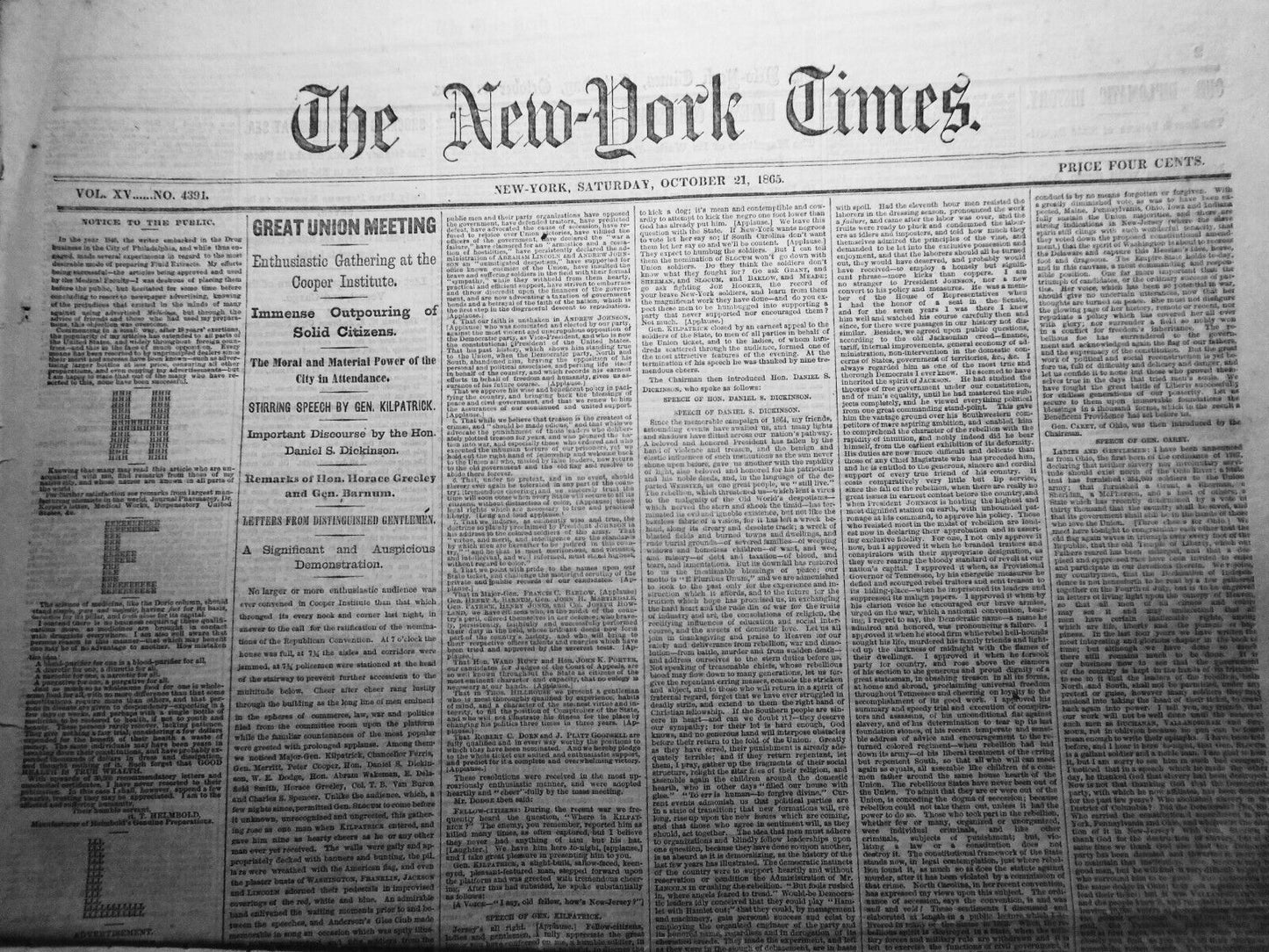 The New York Times, October 21, 1865 - Speeches at Cooper Union: Horace Greeley