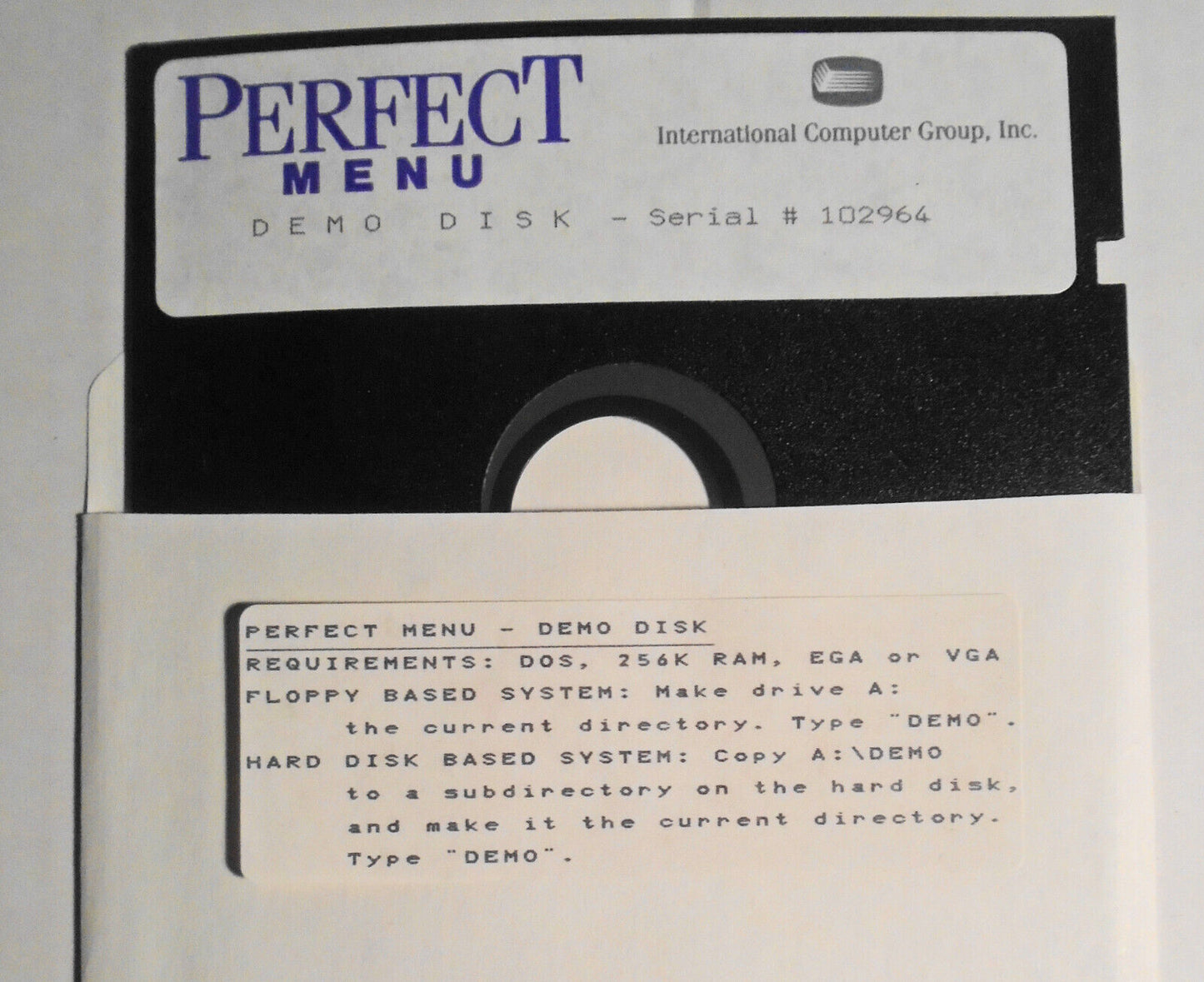 Perfect Menu - LAN Front-End Menu Program (with e-mail). IBM 5 1/4" Demo Program