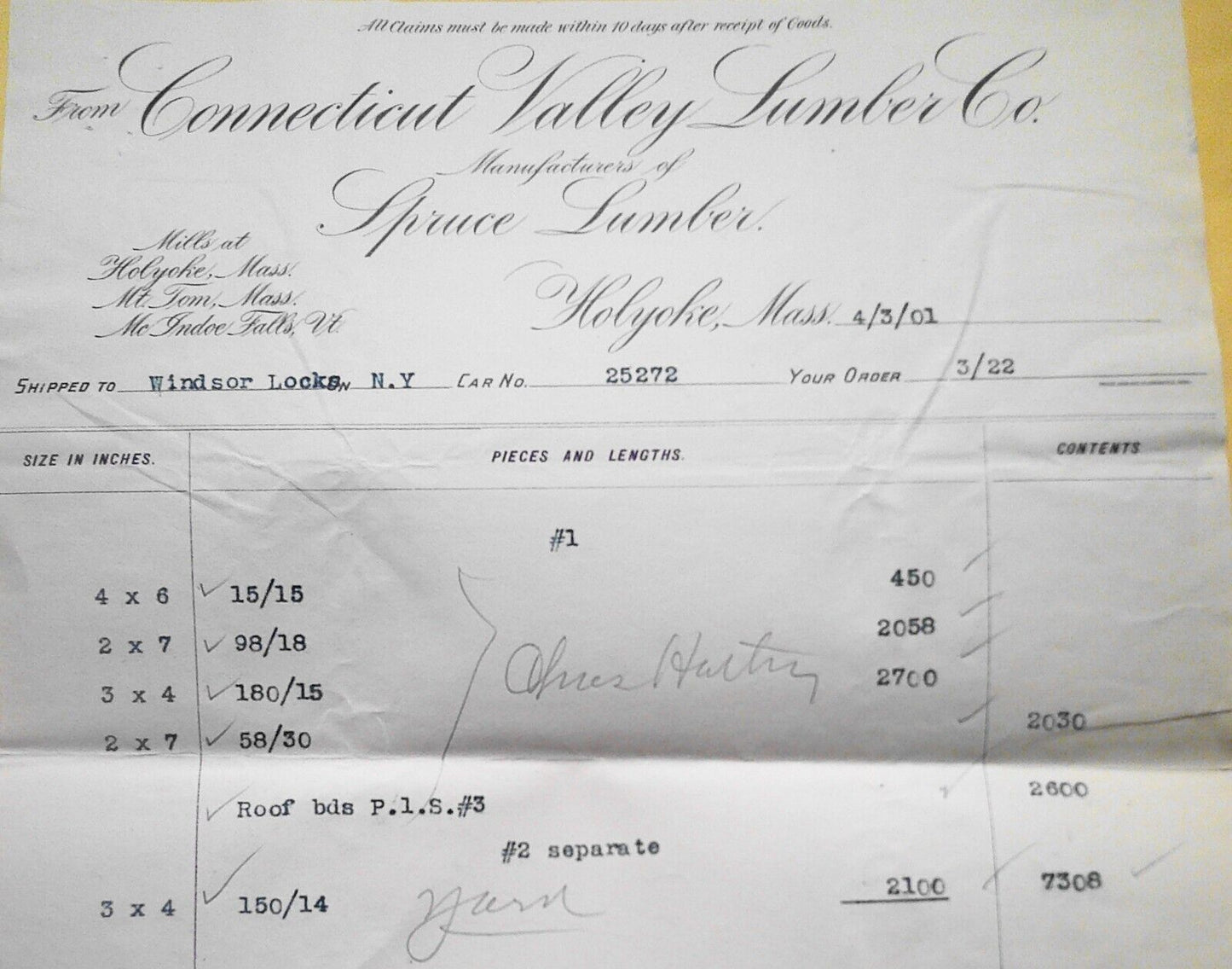 1901 Connecticut Valley Lumber Co. shipping receipt