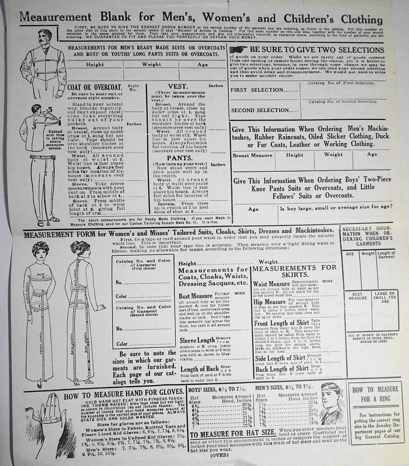 1905 original Sears, Roebuck And Co Retail Catalog Order Blank, filled out.