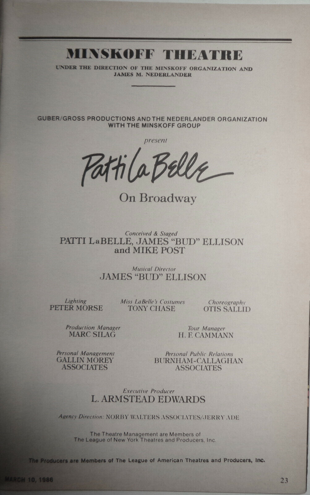 PATTI La BELLE ON BROADWAY - PLAYBILL - MARCH, 1986. Minaskoff Theatre