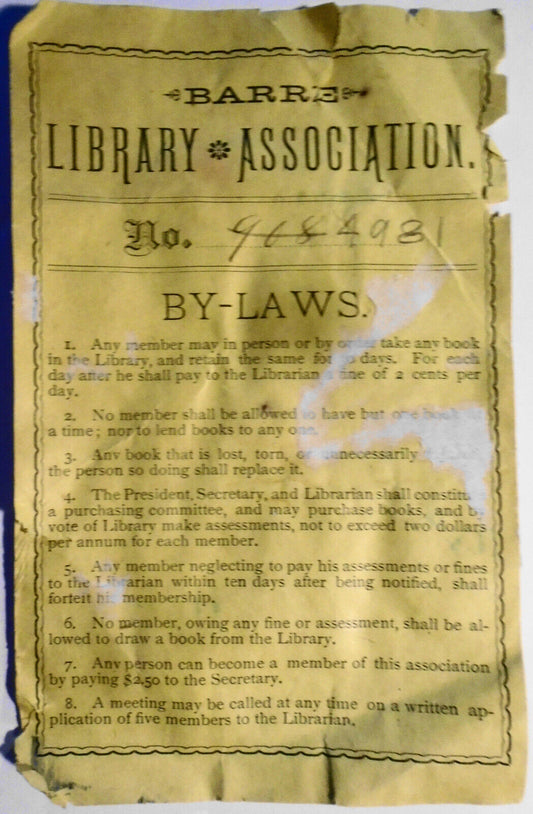 Barre Library Association (MA) -- By-Laws  Ex Libris Bookplate. Ca 1900.