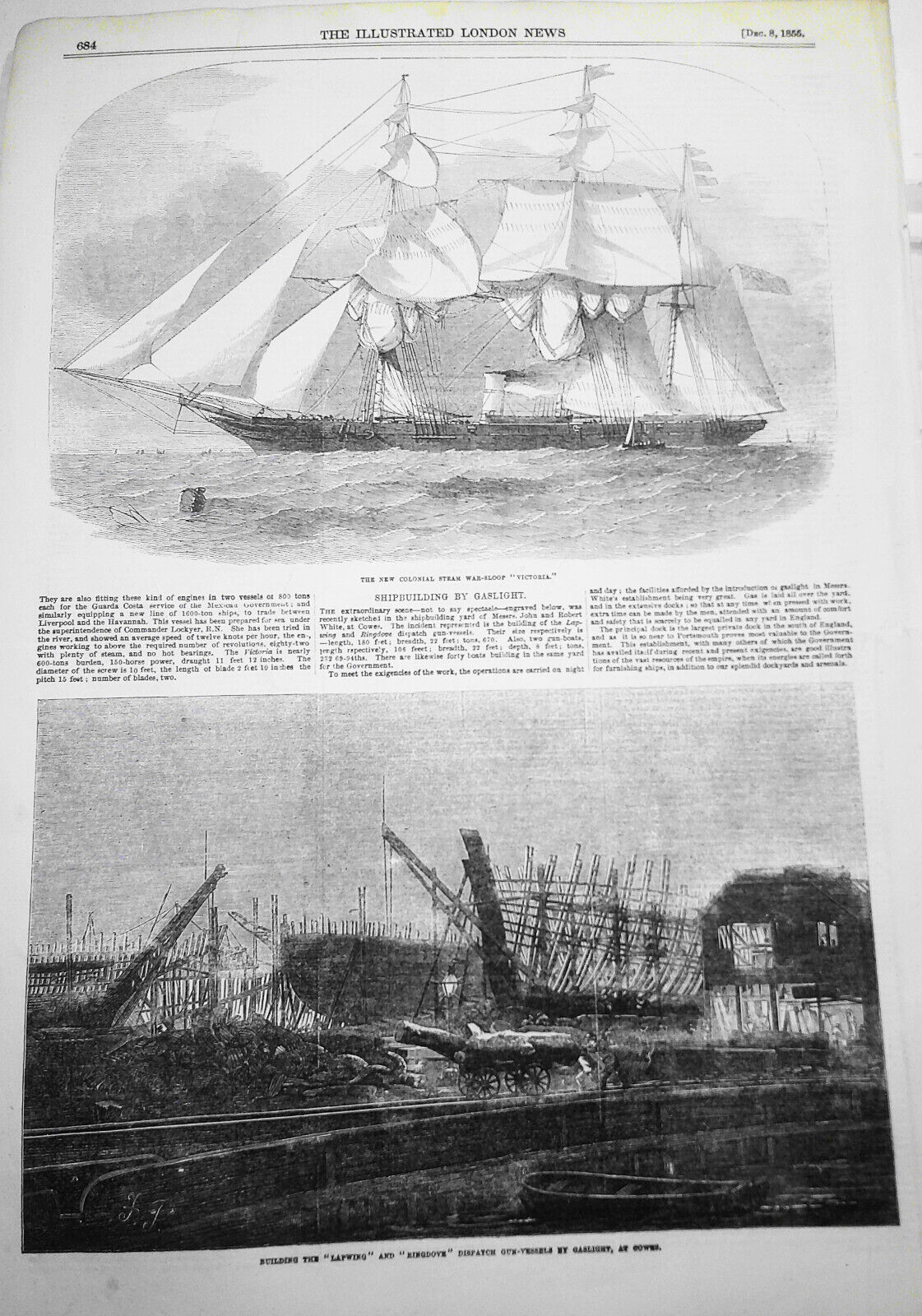1855 Building "Lapwing" & "Ringdove" Dispatch Gun-Vessels by Gaslight at Cowes