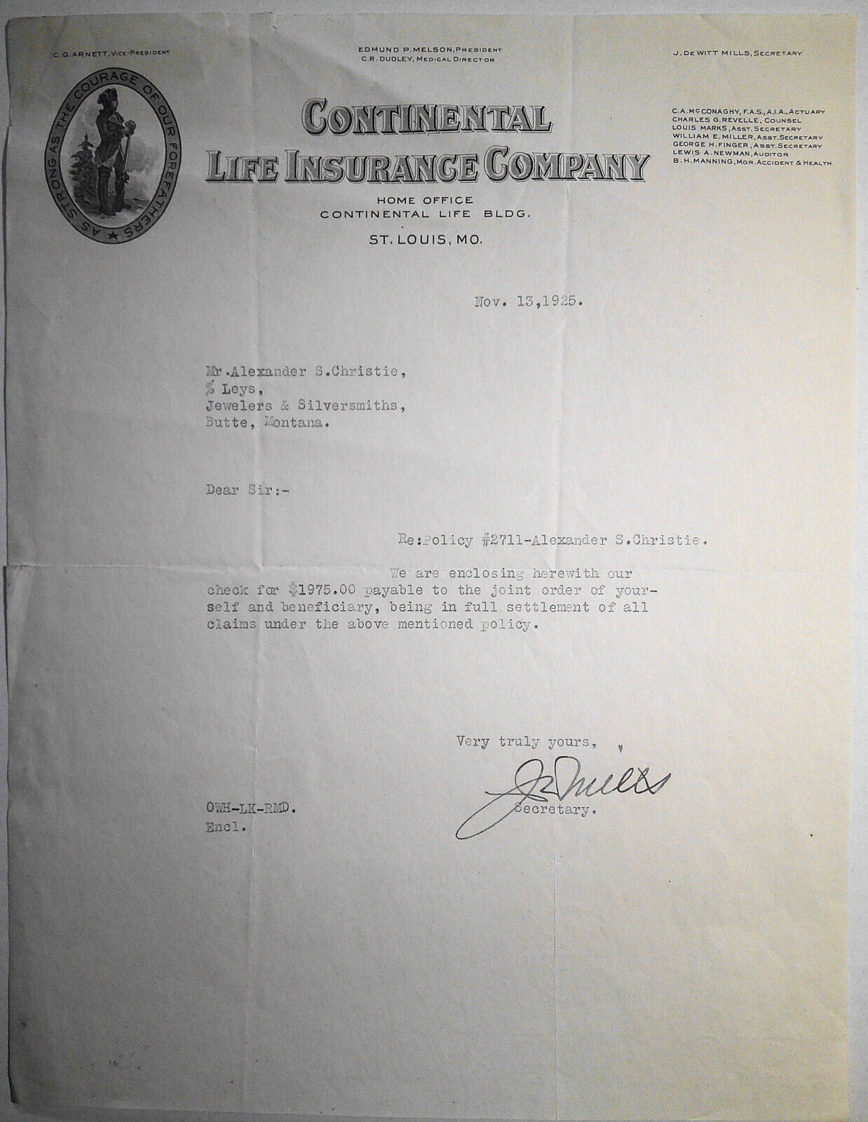 1925 Continental Life Insurance Company, St. Louis, MO, settlement letter