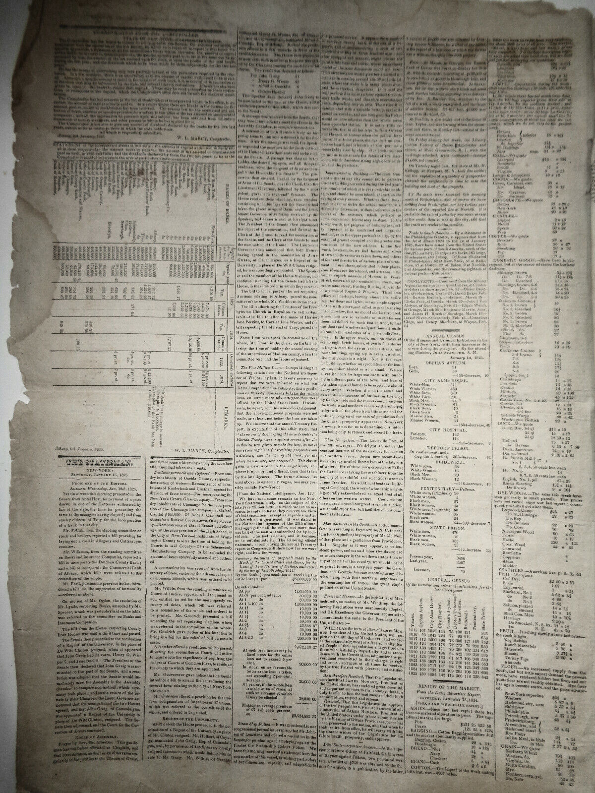 THE NEW-YORK STATESMAN, January 15, 1825 - NY Governor DeWitt Clinton's copy