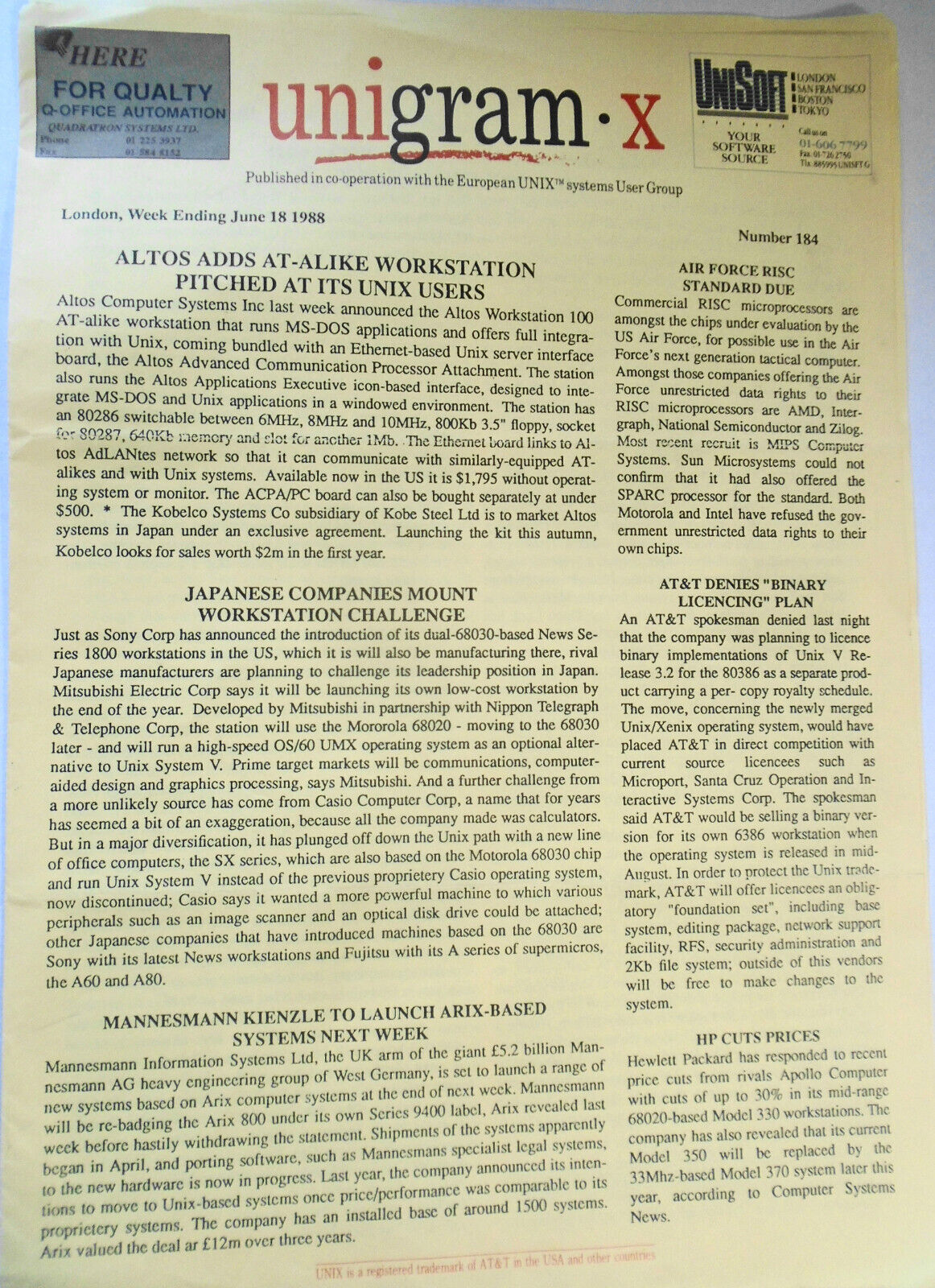 Unigram-X, #184 - June 1, 1988 - weekly  newsletter for UNIX community worldwide