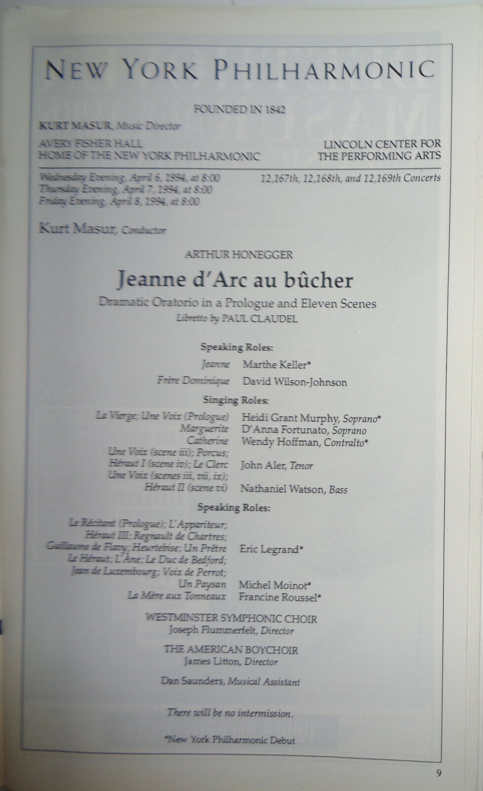 JEANNE D' ARC AU BUCHER - STAGEBILL - APRIL 1994 Kurt Masur, NY Philharmonic